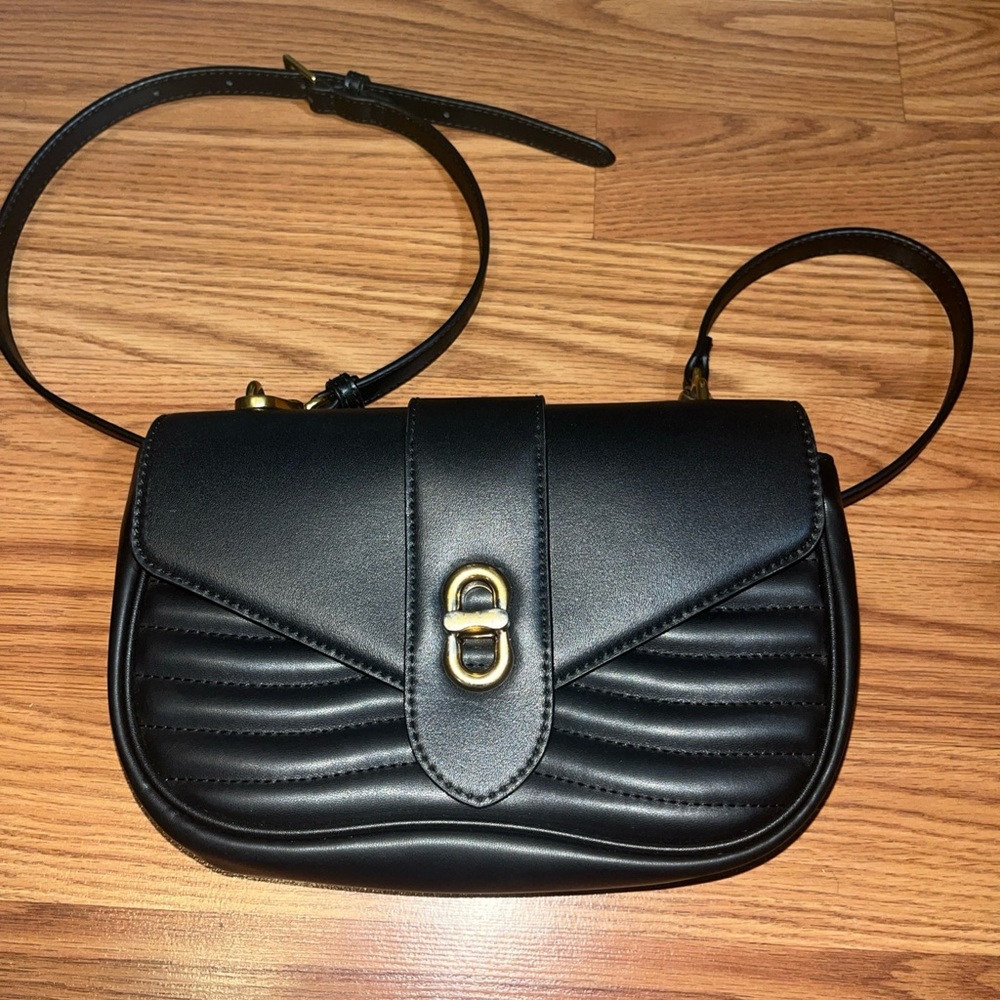 Charles & Keith Black and Gold Quilted Crossbody Vegan Leather Bag